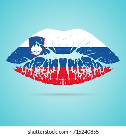 Slovenia Flag Lipstick On The Lips Isolated On A White Background. Vector Illustration. Kiss Mark In Official Colors And Proportions. Independence Day