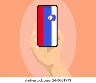 Slovenia flag on mobile phone screen, holding smartphone, advertising social media or banner concept, Slovenia flag showing on phone screen, technology news idea