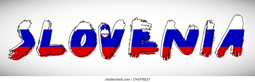 Bandera de Eslovenia en la tipografía de texto. Banner de nombre de país. Fondo de tipografía creativa