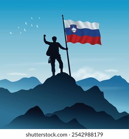 Slovenia Flag raised on a mountain peak with clear sky in the background, vector illustration