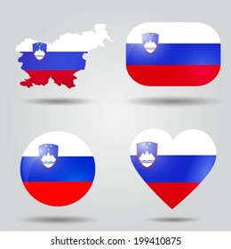 Slovenia flag set in map, oval, circular and heart shape.