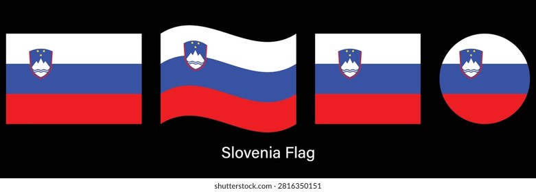 Slovenia Flag Set with Waving, Circle and Rectangle Shapes Vector Illustration
