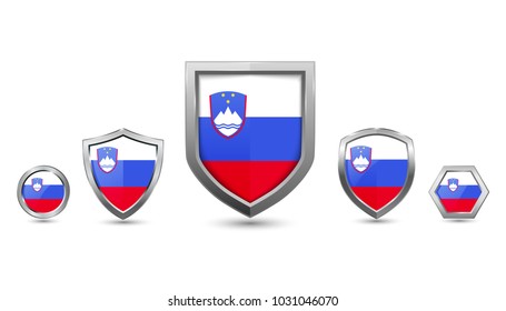 Slovenia flag - silver badges with different shape shield, circle and hexagon - stock vector illustration