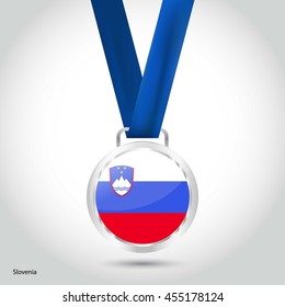 Slovenia Flag in Silver Medal. Vector Illustration. RIO Olympic Game silver Medal. Vector Illustration