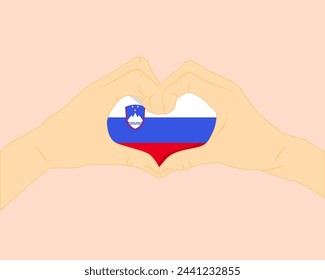 Slovenia flag with two hands heart shape, express love or affection concept, support or donate to Slovenia, hand heart love sign, vector design, patriotism and nationalism idea
