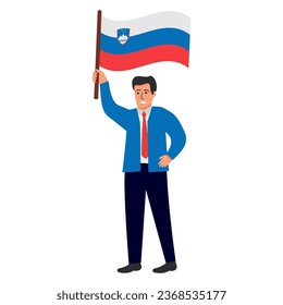 Slovenia flag waving man.Joyful guy hand holding Slovenia flag.Character cartoon vector flat illustration. Isolated on white background.Patriot slovenia citizen.