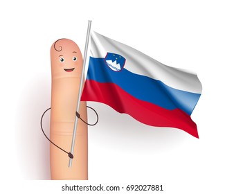 Slovenia flag waving. Politics and International Relations concept. Cute finger holding pole. Realistic vector illustration on white background