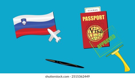 Slovenia flag with white plane icon. Passport with visa approved stamp. Black stylish Pen. Slovenian Travel poster. Editable vector EPS available