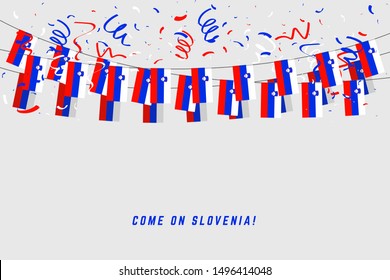 Slovenia garland flag with confetti on white background, Hang bunting for Slovenia celebration template banner.