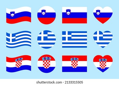 Slovenia, Greece, Croatia Flag Vector Illustration. The Balkans Countries Official Symbols Collection. Europe States Traditional Geometric Icons Set For Travel, Sports Pages Designs.