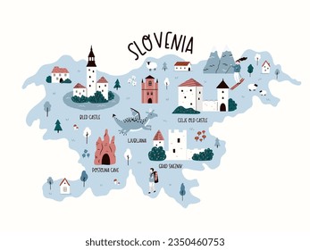 Mapa dibujado a mano por Eslovenia con atracciones, destinos de viaje. Dibujo de caricatura de un país europeo. Cartel de viaje, postal, banner