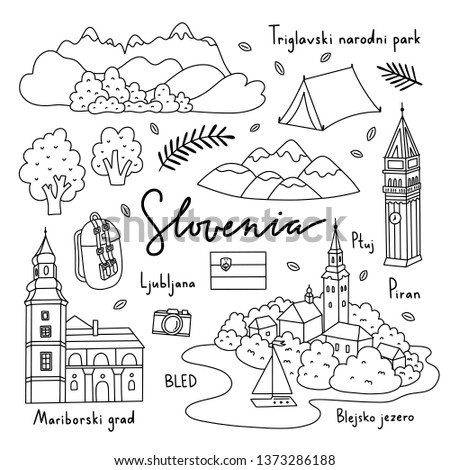 Slovenia hand drawn vector set. Travel icons and objects for Slovenia country