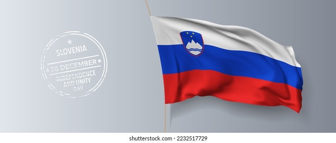 Slovenia happy independence day greeting card, banner with template text vector illustration. Slovenian memorial holiday 26th of December design element with 3D flag with stripes