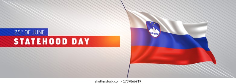 Slovenia happy statehood day greeting card, banner vector illustration. Slovenian national holiday 25th of June design element with 3D waving flag on flagpole