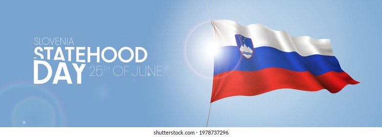 Slovenia happy statehood day greeting card, banner with template text vector illustration. Slovenian memorial holiday 25th of June design element with 3D flag with cross