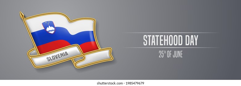 Slovenia happy statehood day greeting card, banner vector illustration. Slovenian national holiday 25th of June design element with 3D pin with flag