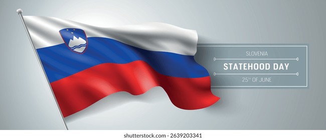 Slovenia happy statehood day greeting card, banner vector illustration. Slovenian national holiday 25th of June design element with realistic flag