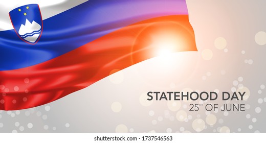 Slovenia happy statehood day vector banner, greeting card. Slovenian realistic wavy flag in 25th of June national patriotic holiday horizontal design
