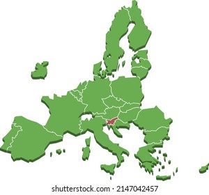 Slovenia highlithed within European Union Three-Dimensional Stylized Map Isolated On White Background, EPS 10 Vector