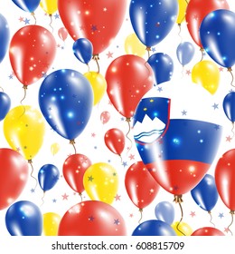 Slovenia Independence Day Seamless Pattern. Flying Rubber Balloons in Colors of the Slovene Flag. Happy Slovenia Day Patriotic Card with Balloons, Stars and Sparkles.