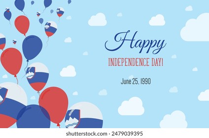 Slovenia Independence Day Sparkling Patriotic Poster. Row of Balloons in Colors of the Slovene Flag. Greeting Card with National Flags, Blue Skyes and Clouds.