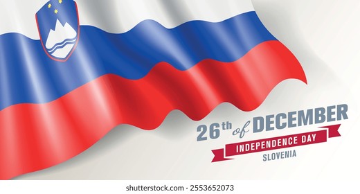 Slovenia independence day vector banner, greeting card. Slovenian wavy flag in 26th of December national patriotic holiday horizontal design