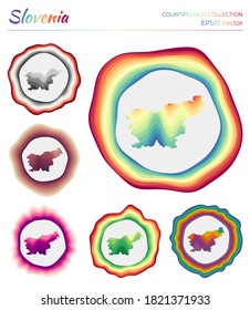 Slovenia logo collection. Colorful logos of the country. Unique layered dynamic frames around Slovenia border shape. Vector illustration.