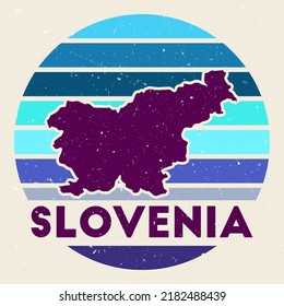 Slovenia logo. Sign with the map of country and colored stripes, vector illustration. Can be used as insignia, logotype, label, sticker or badge of the Slovenia.