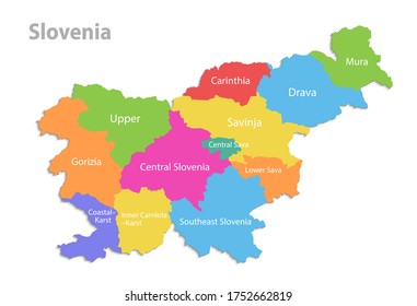 Slovenia map, administrative division, separate individual regions names, color map isolated on white background vector