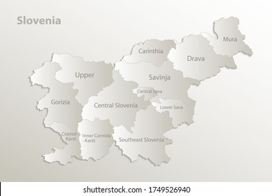 Slovenia map administrative division separates regions and names individual region, card paper 3D natural vector