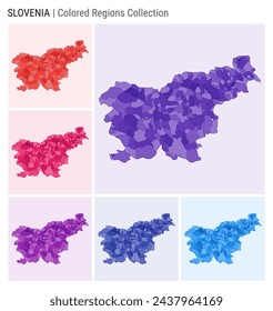 Slovenia map collection. Country shape with colored regions. Deep Purple, Red, Pink, Purple, Indigo, Blue color palettes. Border of Slovenia with provinces for your infographic. Vector illustration.