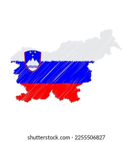 Slovenia map color hand drawn sketch. Vector concept illustration flag, scribble map. Country map for infographic, brochures and presentations isolated on white background. Vector illustration.