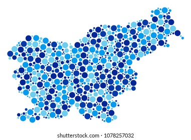 Slovenia Map composition of round spots in various sizes and blue shades. Randomized filled circles are organized into Slovenia Map mosaic. Vector cartography blue map design concept.