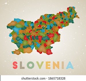 Slovenia map. Country poster with colored regions. Old grunge texture. Vector illustration of Slovenia with country name.