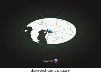 Slovenia map in dark color, oval map with neighboring countries. Vector map and flag of Slovenia