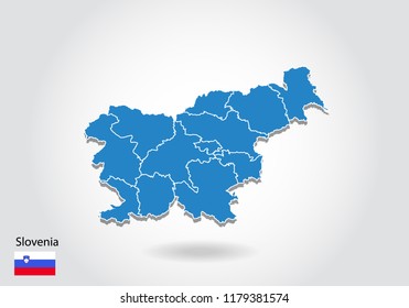 Slovenia map design with 3D style. Blue Slovenia map and National flag. Simple vector map with contour, shape, outline, on white.