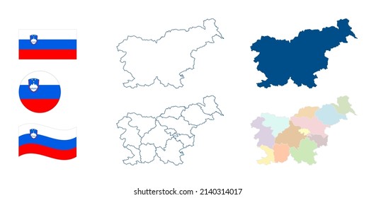 Slovenia map. Detailed blue outline and silhouette. Administrative divisions and statistical regions. Country flag. Set of vector maps. All isolated on white background. Template for design.