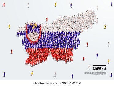 Slovenia Map and Flag. A large group of people in the Slovenia flag color form to create the map. Vector Illustration.