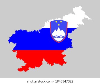 Slovenia map flag vector silhouette illustration isolated on background. Vector map of Europe Union member, EU state. Slovenia coat of arms. Slovenia flag, national symbol.