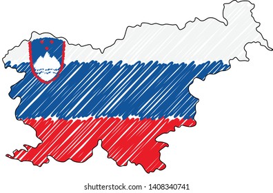 Slovenia map hand drawn sketch. Vector concept illustration flag, childrens drawing, scribble map. Country map for infographic, brochures and presentations isolated on white background. Vector