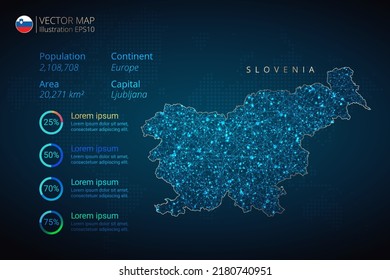 Slovenia map infographics vector template with abstract geometric mesh polygonal light concept on blue background. Template for diagram, graph, presentation and chart.
