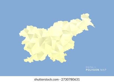Mapa de Eslovenia en estilo de Vector de polígono bajo, ilustración de forma geométrica con tonos amarillos suaves sobre fondo azul, silueta limpia para infografía.
