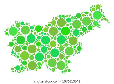 Slovenia Map mosaic of scattered filled circles in various sizes and eco green color tints. Vector dots are combined into slovenia map collage. Eco geographic map design concept.