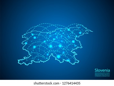 slovenia map with nodes linked by lines. concept of global communication and business. Dark slovenia map created from white dots with travel locations or internet connection.