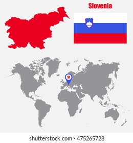 Slovenia map on a world map with flag and map pointer. Vector illustration