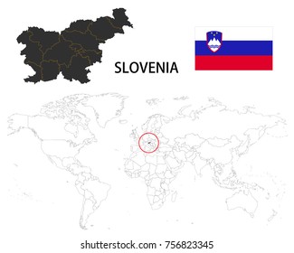 Slovenia map on a world map with flag on white background.