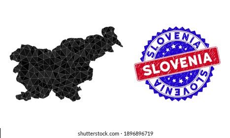 Slovenia map polygonal mesh with filled triangles, and unclean bicolor stamp print. Triangle mosaic Slovenia map with mesh vector model, triangles have different sizes, and positions,