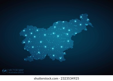 Slovenia map radial dotted pattern in futuristic style, design blue circle glowing outline made of stars. concept of communication on dark blue background. Vector EPS10