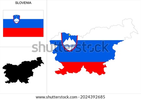 Slovenia map with Slovenian flag background - Map as a black pattern and flag of Slovenia available separately