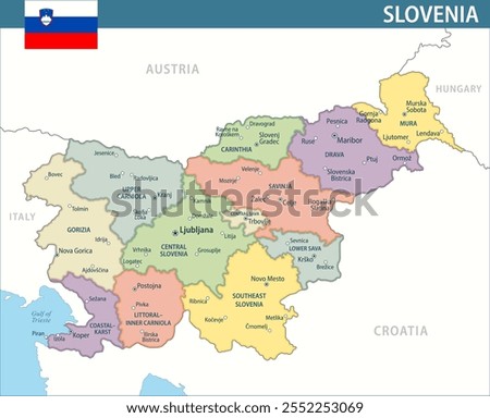 Slovenia Map Vector New 2024 Colorful - Customizable layered political map of Slovenia with administrative divisions for website, education, reports, news, politics, print, poster and wallpaper